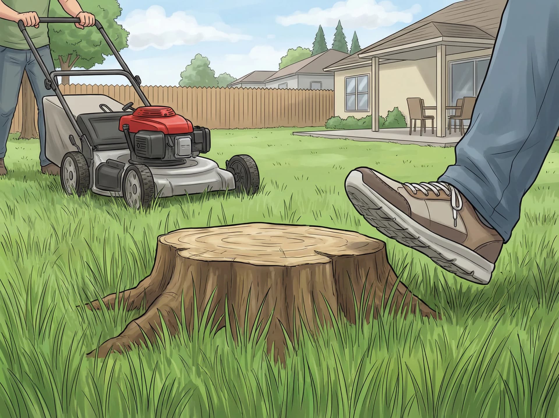 Tree stump tripping hazard in a residential lawn — professional stump grinding service recommended